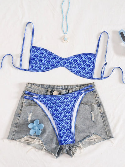 Seductive Bikini Floral-Print Adjustable Tie Bikini Low-Waist Quick-Dry Lightweight Bikini Beachside Summer Sexy Swimwear