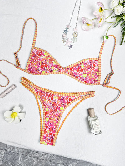 Seductive Bikini Floral-Print Adjustable Tie Bikini Low-Waist Quick-Dry Lightweight Bikini Beachside Summer Sexy Swimwear